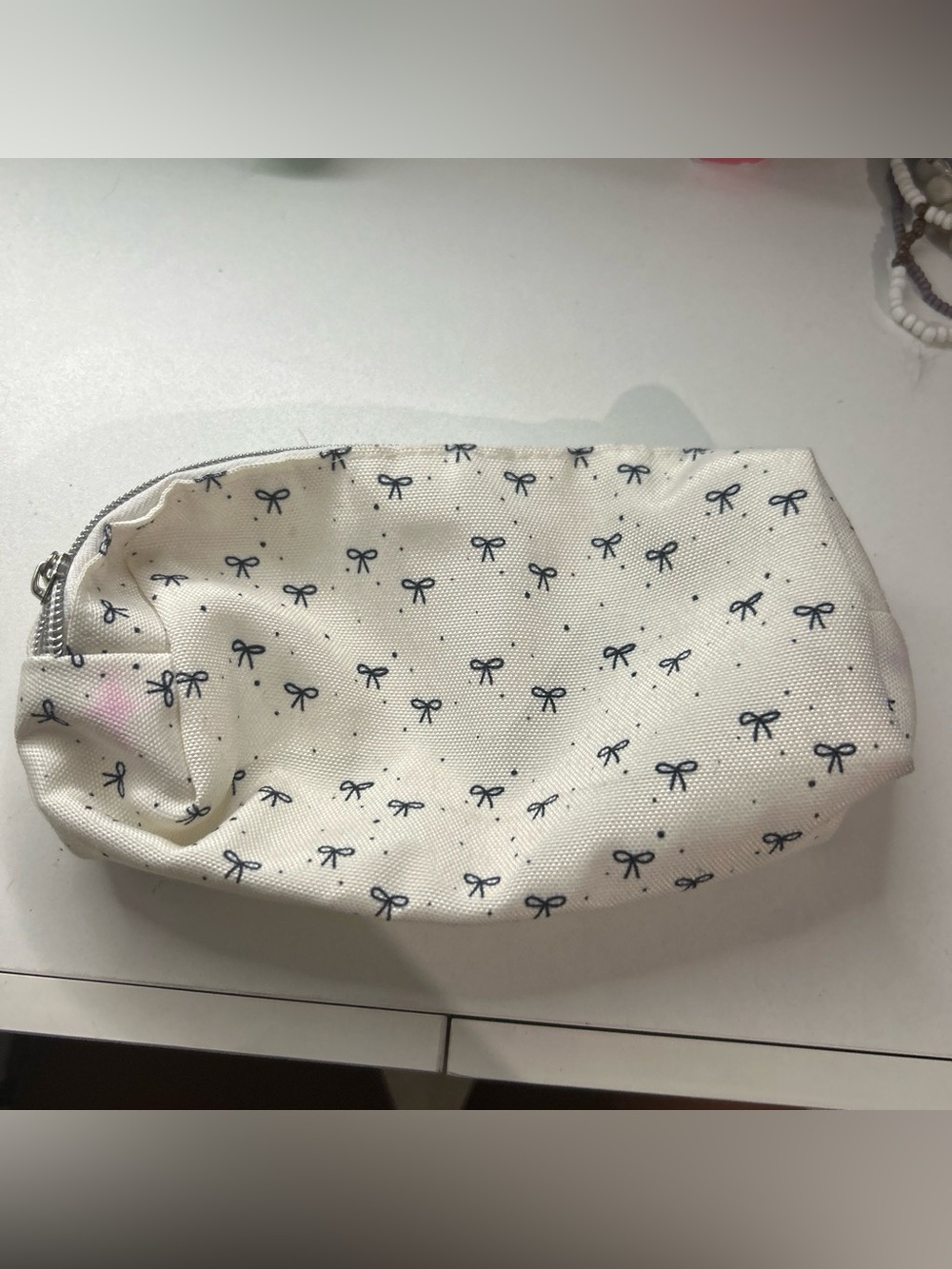 Kids Canvas Bow Print Zipper Pouch - White with Navy Bows